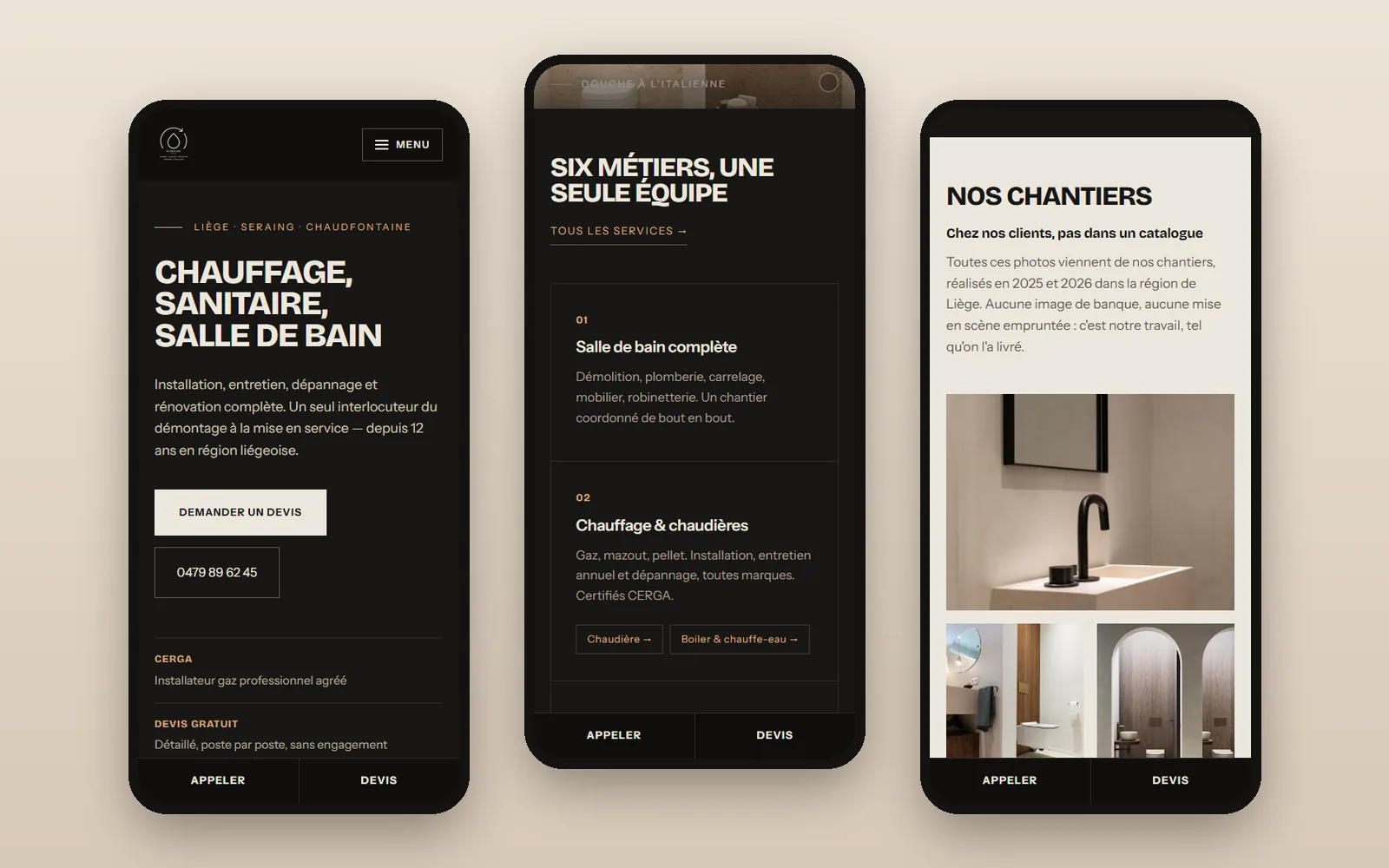 Site Hydroline — trois écrans de la version mobile