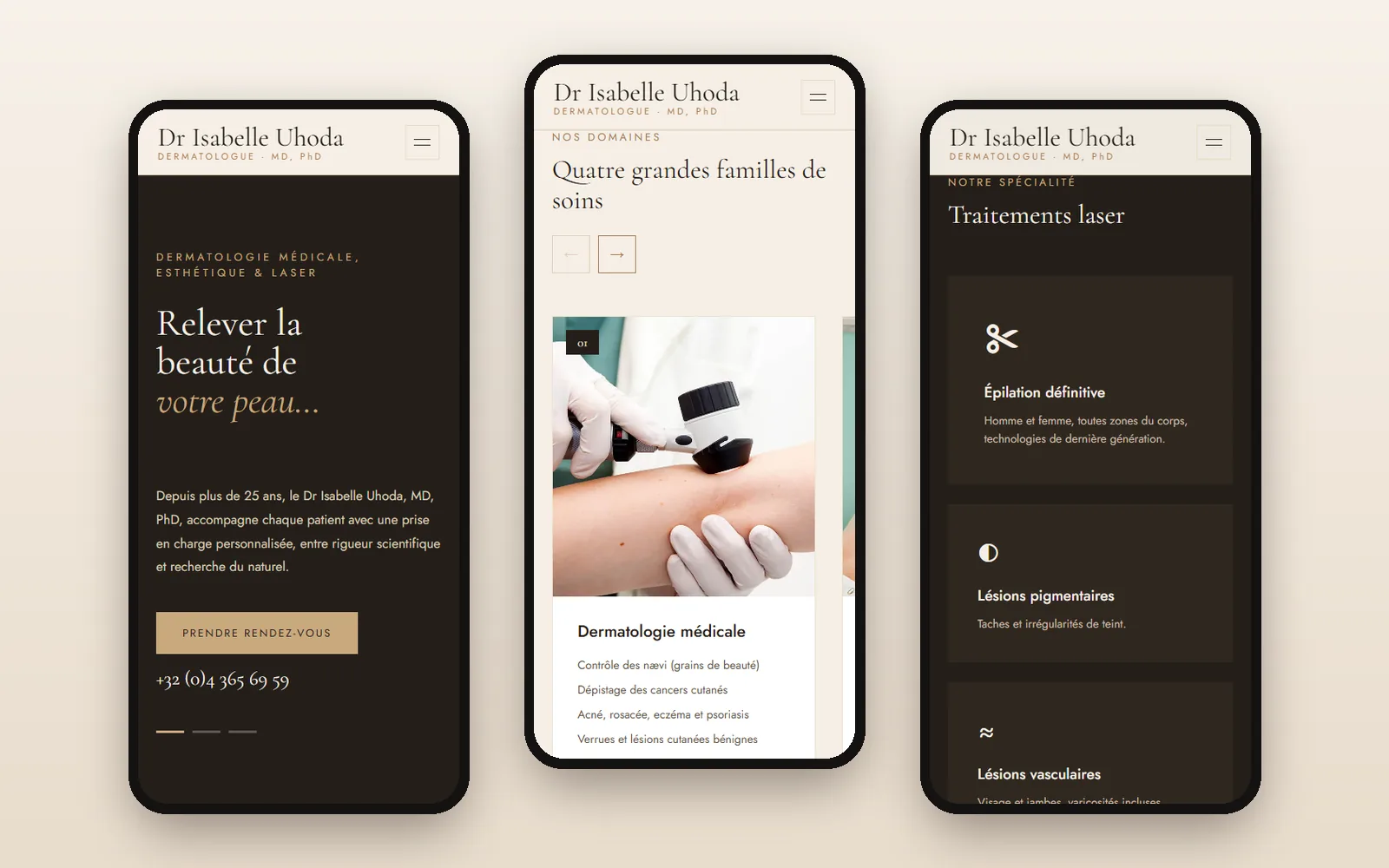 Site du Dr Isabelle Uhoda — trois écrans de la version mobile